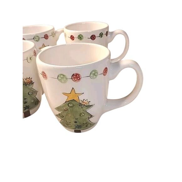 Tabletops Gallery Ceramic Hand Painted Button Christmas Tree Coffee Mugs Set 4 - Picture 2 of 6